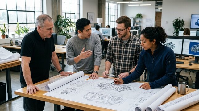 Diverse team collaborating on blueprints in a modern office setting.