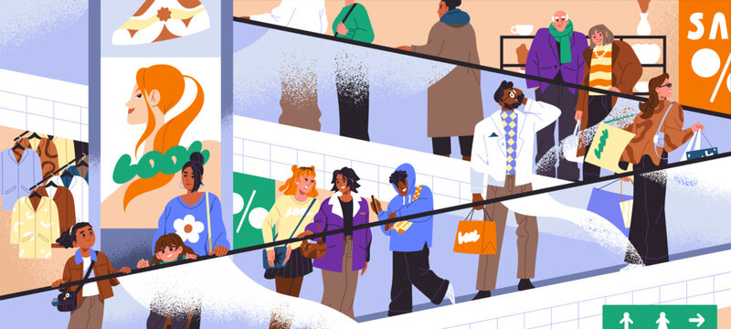 Scene with crowd moving up on escalator in shopping mall. People lift with automatic stairs in fashion retail center. Diverse men and women on electric elevator with railing. Flat vector illustration
