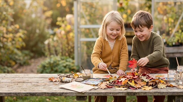 Two young children laughing while painting with autumn leaves at a wooden garden table.