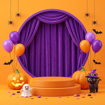 Halloween product display stage with purple curtains balloons pumpkin ghost and black cat