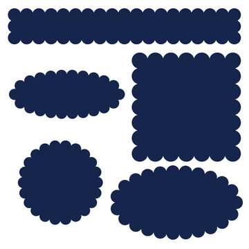 Dark blue scalloped frame set square circle oval banner border vector illustration