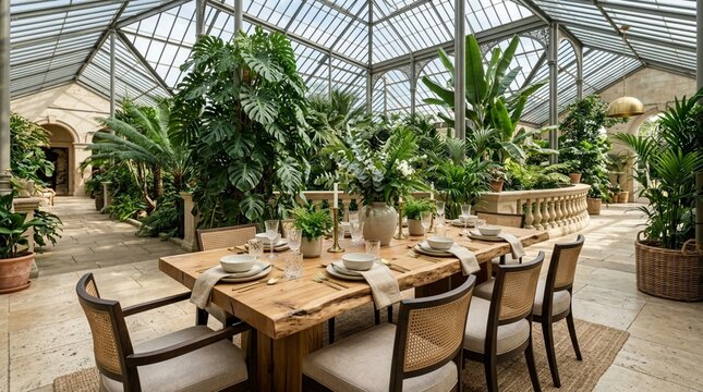 Elegant Greenhouse Dining Room with Lush Greenery and Natural Wood Table