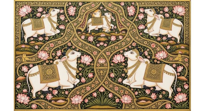 Intricate Indian Miniature Painting of Sacred Cows and Lotus Flowers.