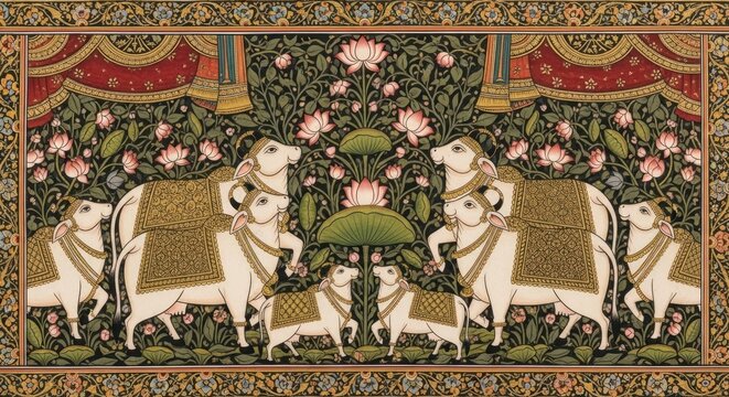 Intricate Indian Miniature Painting of Sacred Cows and Lotus Flowers.