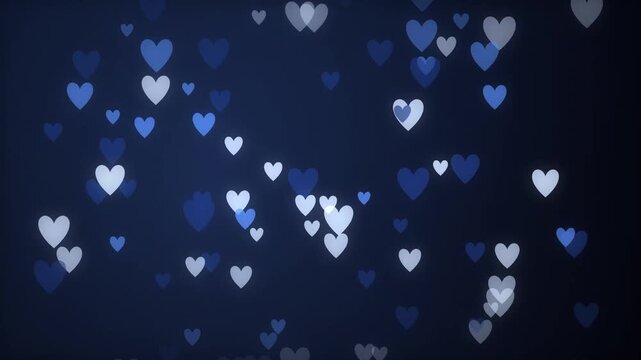 Beautiful collection of glowing blue heart shapes scattered across a dark space background for romantic or decorative use