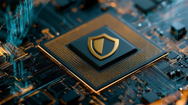 cpu chip with shield logo on circuit board, symbolizing data protection