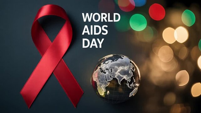 World AIDS Day awareness design with red HIV AIDS ribbon, globe and festive bokeh background
