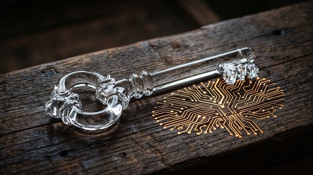 Glass key resting on a wooden surface next to a glowing golden electronic circuit pattern