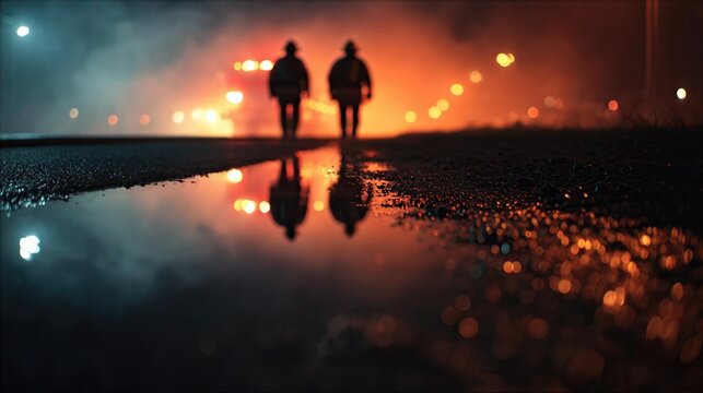 Firefighters walking on a wet road at night with emergency lights in the background