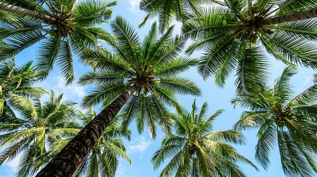 Green palm trees looking up at a bright blue summer sky