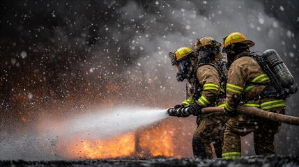 Fototapeta premium Firefighters battle large blaze in urban area during nighttime