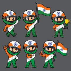 Fototapeta premium Indian Race Car Driver Cartoon Illustration Set