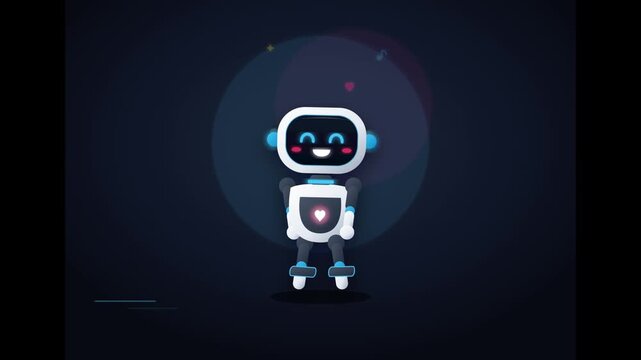 A cute, stylized cartoon robot character with a friendly smiling face and a shield icon on its chest, centered against a dark, minimalist circular background, perfect for tech or AI branding.