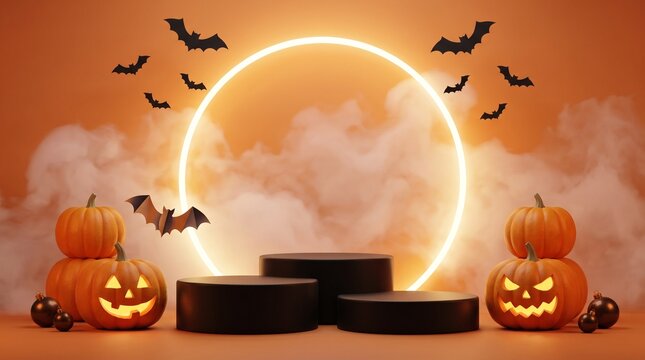 Halloween product display stand with glowing pumpkins and flying bats in a foggy orange atmosphere with a round neon light frame for seasonal holiday promotion