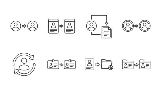 Human Resource Icon Set: A collection of minimalist line icons representing human resource management, including employee transfer, data management, and identification processes.