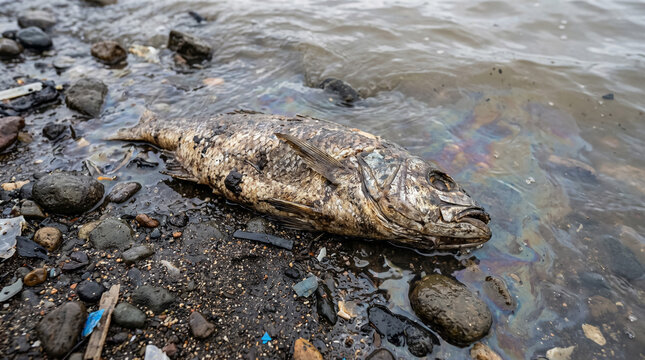 Dead fish polluting riverbank, decomposing on shore with oil slick and trash contaminating water