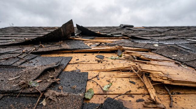 Roof damage after storm, asphalt shingles peeling, broken wood exposed, homeowner facing repair costs