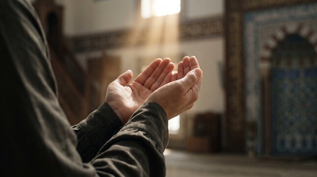 Hands in a gesture of supplication (dua), palm-up, with dramatic sunbeams in a large, traditional mosque interior.