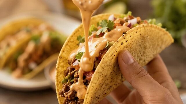 Hand holding a crispy beef taco while pouring delicious spicy chipotle sauce on top, Mexican street food