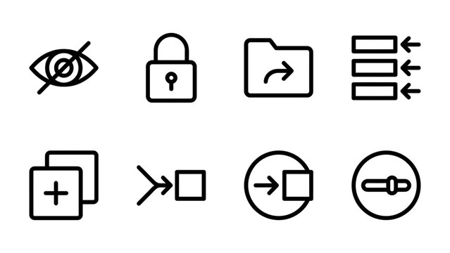Interface Icons Set: A collection of simple, clean line icons representing various interface functions like visibility toggle, security lock, file transfer, list sorting, duplication, input, login.