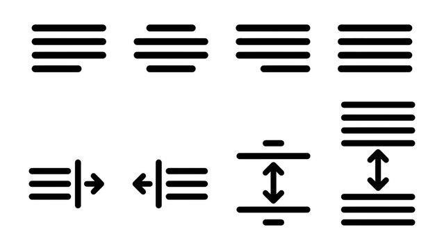 Text Alignment Icons: A collection of graphic icons illustrating various text alignment options, including left, right, center, and justified alignment, as well as line spacing adjustments.