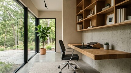 Obraz premium Modern Home Office with Large Window and Bookshelf, Natural Light