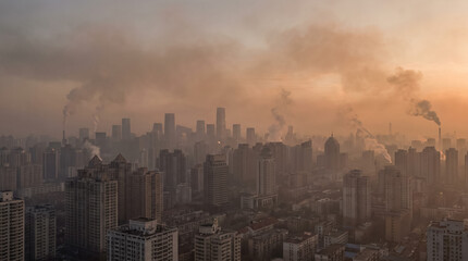Fototapeta premium Urban skyline with smoking chimneys, heavy air pollution and industrial smog at sunrise, impacting global warming