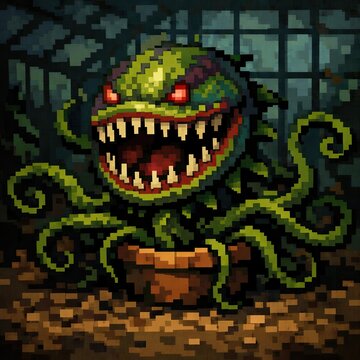 Pixelated potted monster plant with purple bulb and writhing tendril vines