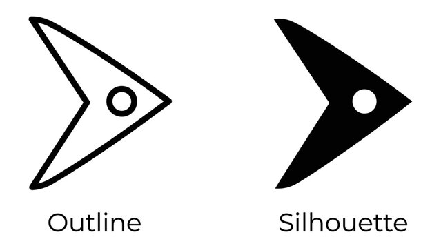 Arrow Icon Outline and Silhouette: A clear visual comparison between an arrow icon shown in an outline style and its solid silhouette counterpart, highlighting design variations.