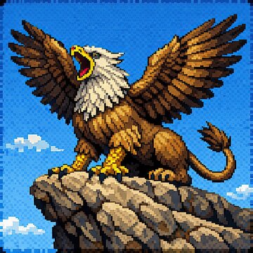 Mythological eagle-lion hybrid creature sprite perched against blue sky