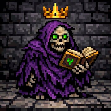 Retro arcade skeleton wizard king character graphic holding ancient spellbook