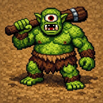 Pixel art cyclops warrior ready for battle in a fantasy arena 