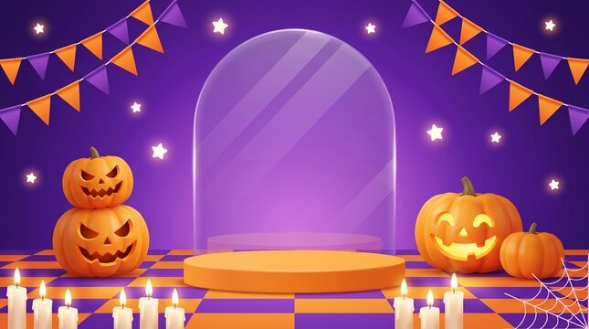 Halloween holiday stage with pumpkins candles and festive bunting flags against a dark purple background for product display