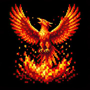 Mythical phoenix reborn in brilliant flames with classic eight bit spirit 