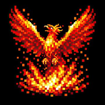 Radiant fantasy firebird emerges from burning embers against deep darkness