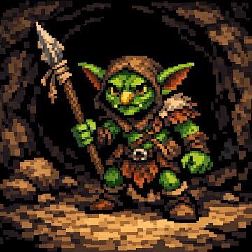 Green goblin warrior carries spear through a shadowy retro pixel cave 