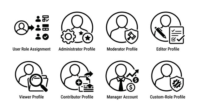 User Role Icons: A collection of minimalist icons representing different user roles and account management functions in a digital interface, ideal for web design and application development.