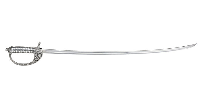 Polished silver ceremonial saber with an ornate hilt and curved blade is horizontally positioned against a clean white background