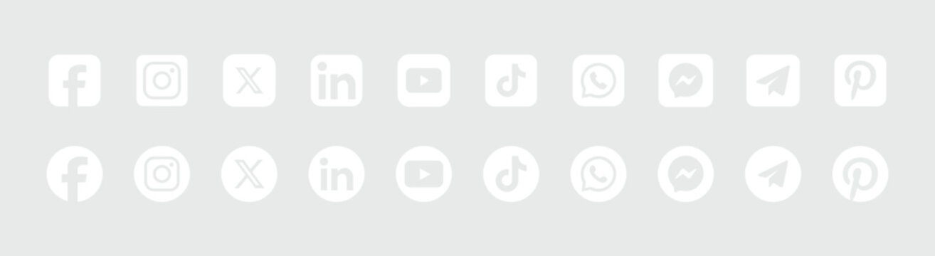 white social media icons set facebook instagram x linkedin youtube tiktok whatsapp telegram Messenger Pinterest