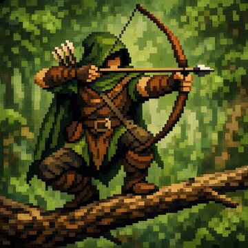 Hooded forest archer aims an arrow from a high branch in retro pixel art 
