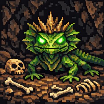 Sinister plant monster guards scattered bones in nostalgic retro fantasy art 