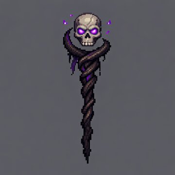 Cursed skull staff glows with violet magic in nostalgic retro pixel art 