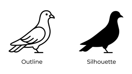 Fototapeta premium Pigeon Iconography: A comparison of two pigeon representations, one in a clean outline style and the other as a solid silhouette, highlighting the versatility of this common bird icon.