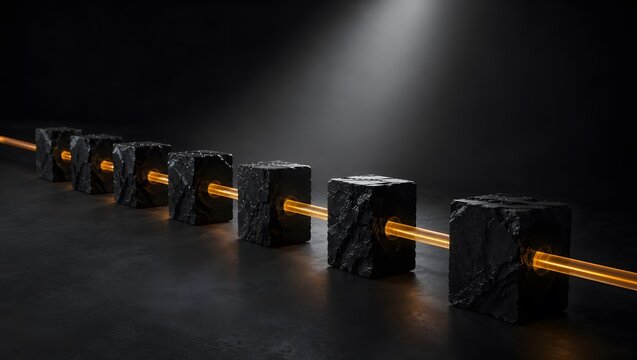 Abstract composition of glowing orange fiber optic cable running through dark stone cubes.