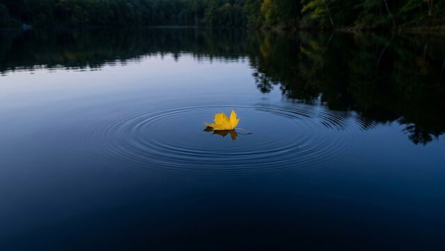 Nature - Single yellow maple leaf floating on calm water surface with ripples creating concentric circles