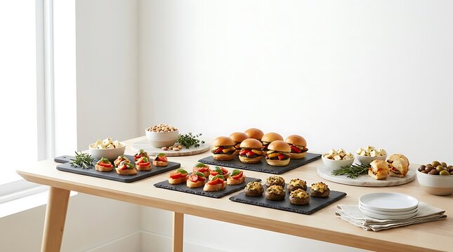 Small burgers and appetizers served on black slate boards on a dining table. party appetizer station
