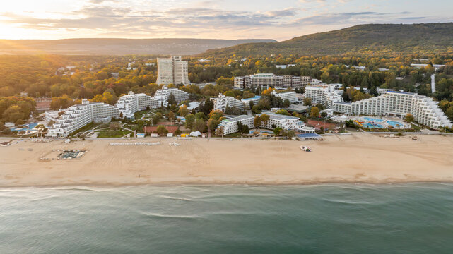 Aerial view of the beach and hotels in Albena, Bulgaria, at sunset. Albena is a major Black Sea resort in northeastern Bulgaria, situated 30 km from Varna