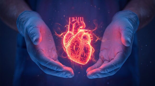 Conceptual illustration of human hands protecting a glowing heart for world mental health day awareness campaign
