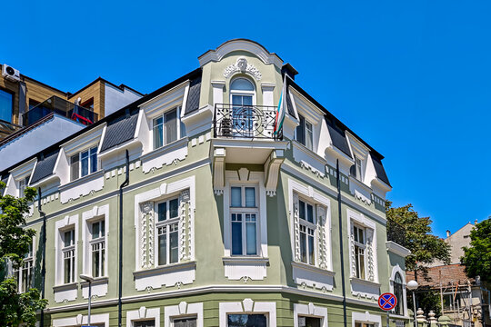Architecture detail of old building in Varna, Bulgaria. Fragment of old building. Architectural heritage. Varna is the sea capital of Bulgaria. Historic European City Center Architecture Photography.