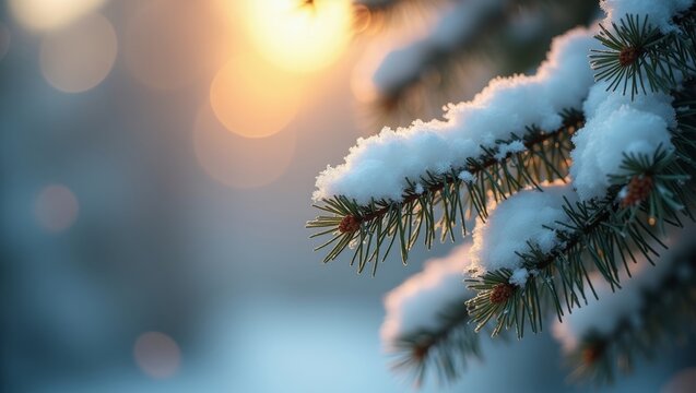 Snow-covered pine branches close-up with soft golden bokeh lights, elegant christmas background with copy space, frost sparkling in morning light